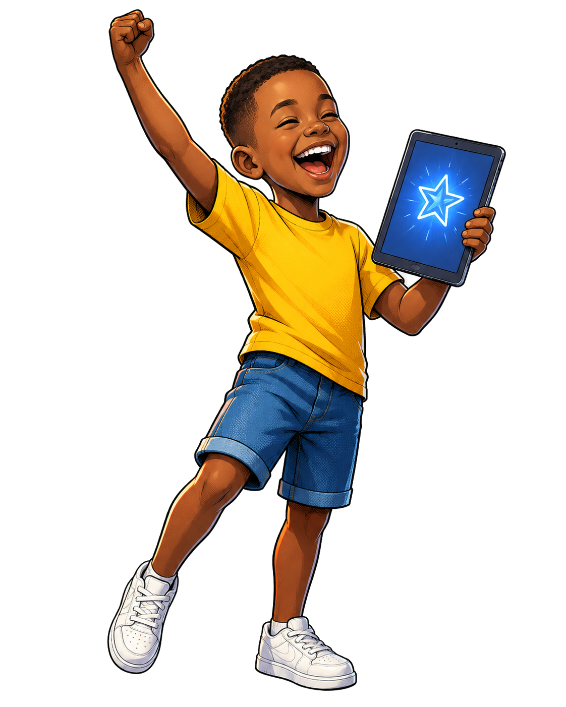 Young learner from East Africa celebrating with a tablet that shows a star reward