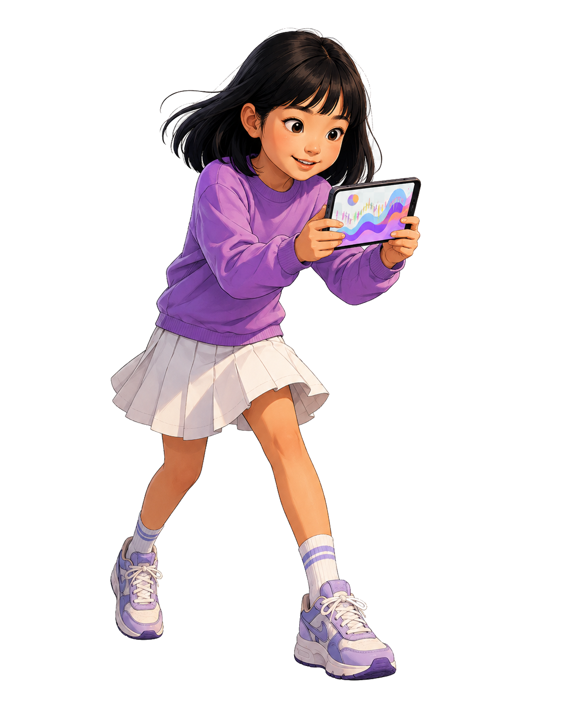 Young learner from East Asia leaning forward with a phone showing a chart
