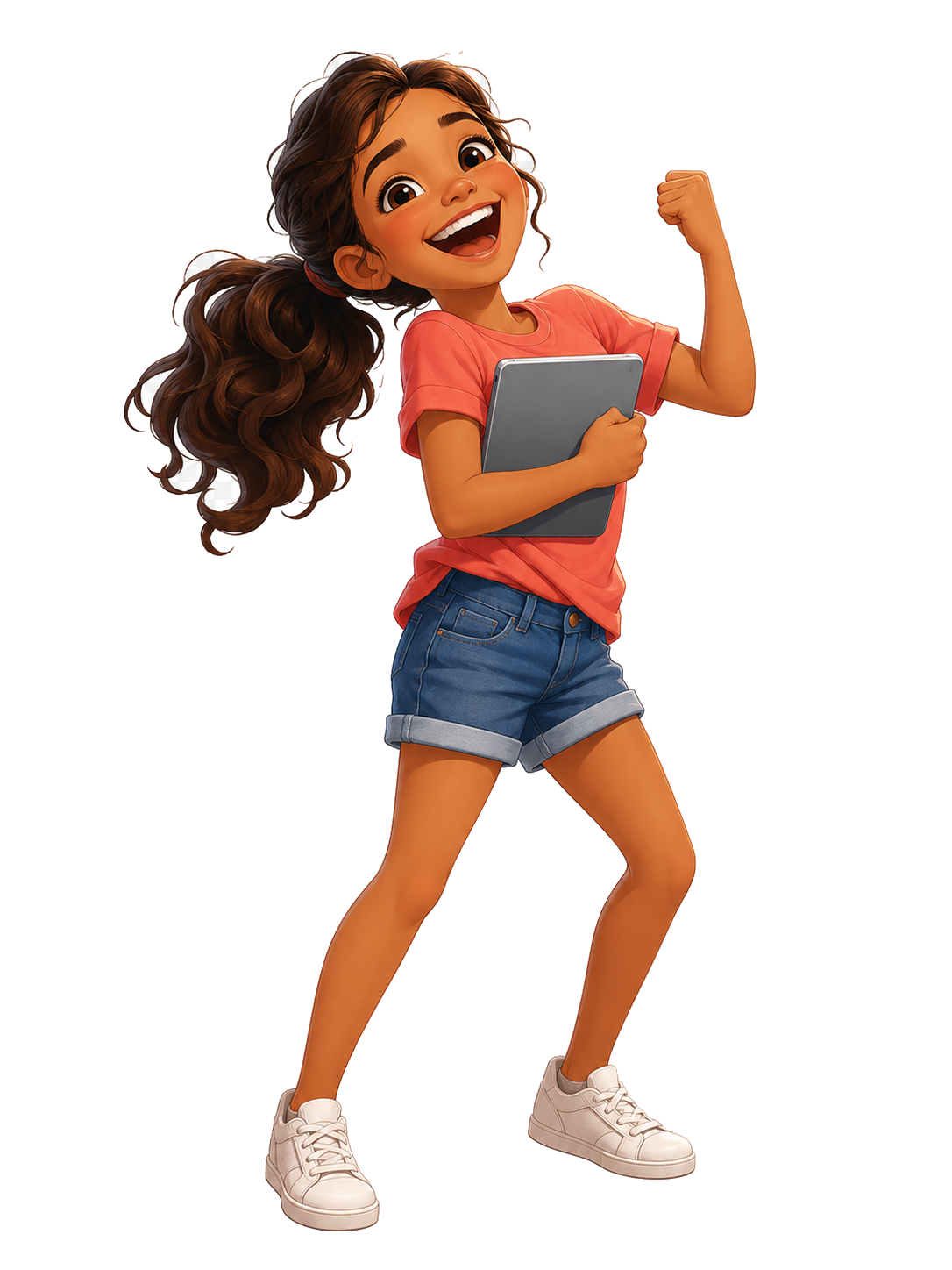 Young learner from Latin America fist-pumping while hugging her tablet