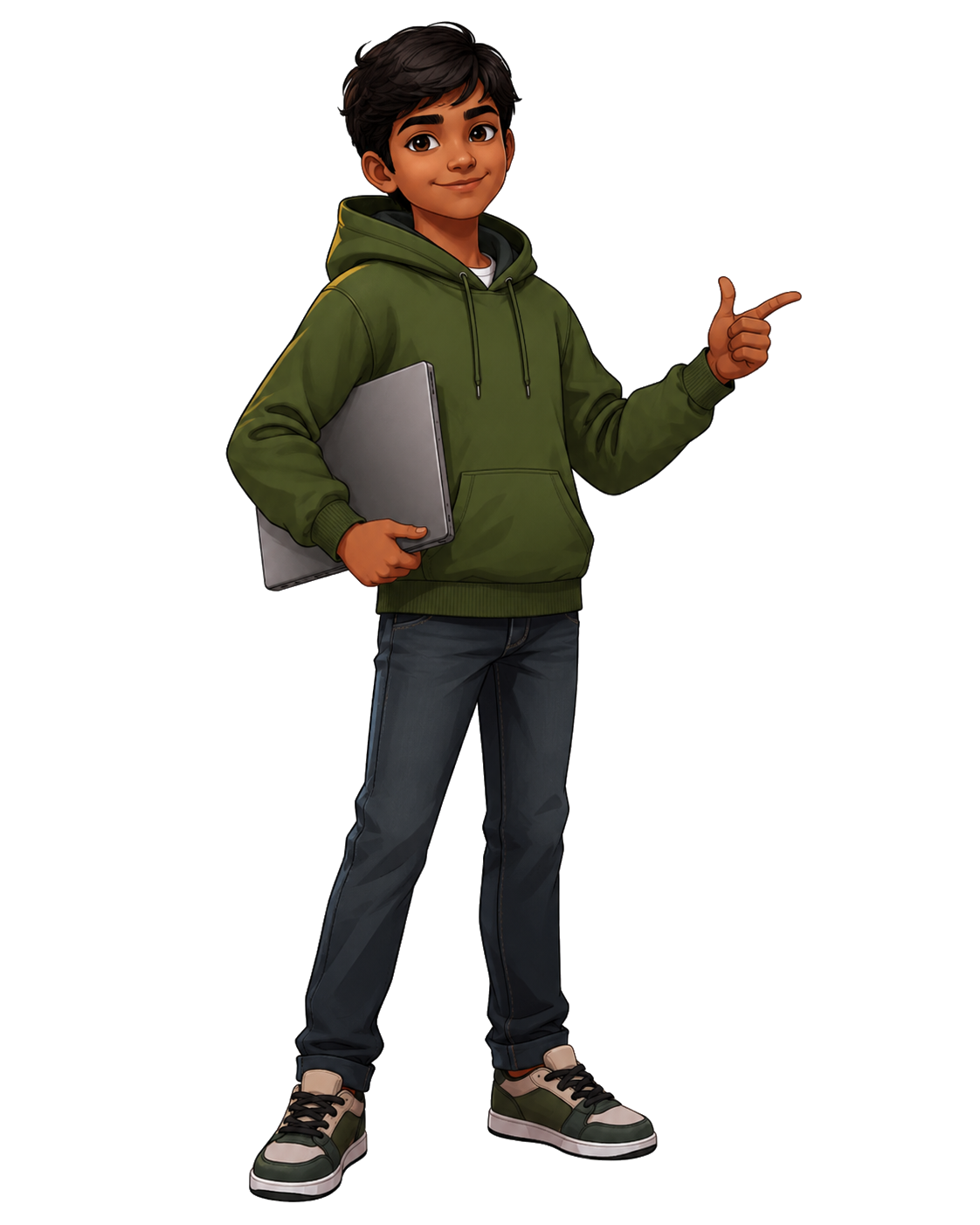 Young learner from South Asia carrying a laptop and pointing toward what's next